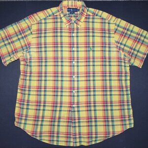 Ralph Lauren Mens Yellow Green Red Plaid Button Up Short Sleeve Shirt Size XXL